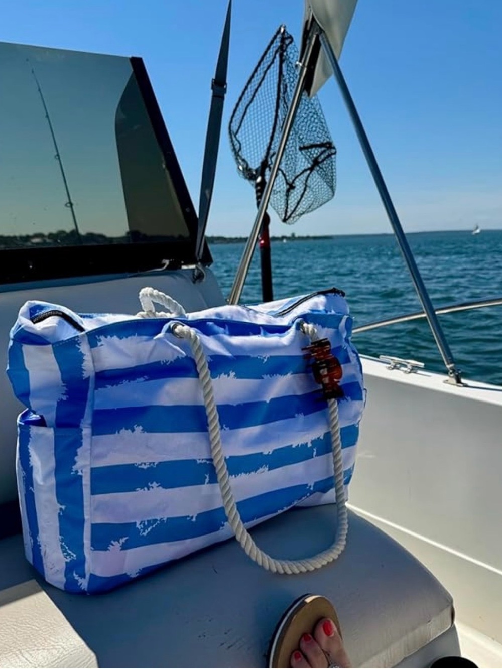Striped Blue and White Nautical Rope-Handle Travel Tote NEW